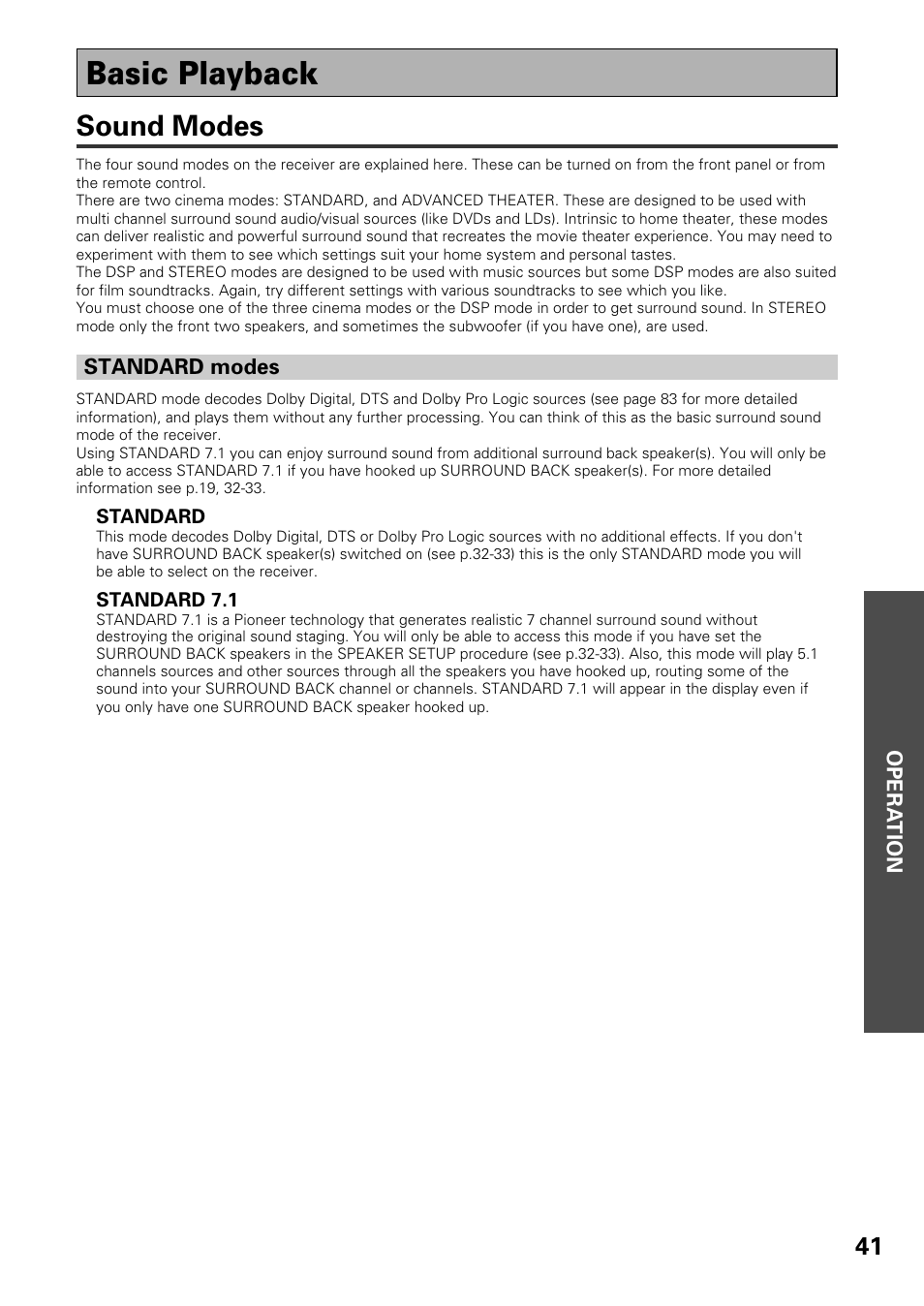 Basic playback, Sound modes | Pioneer VSX-D909S User Manual | Page 41 / 92