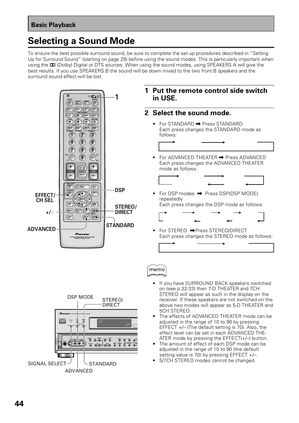 Selecting a sound mode, Basic playback, Stereo/ direct standard advanced +/ effect/ dsp | Ch sel, Standard standard 7.1, Musical drama action 5/7-d theater, Stereo direct | Pioneer VSX-D909S User Manual | Page 44 / 92