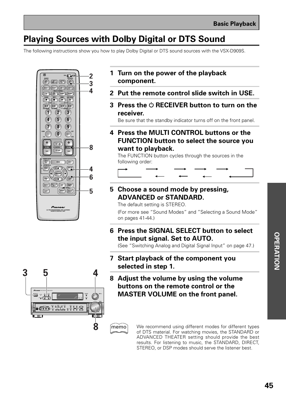 Playing sources with dolby digital or dts sound, Opera tion, Basic playback | Pioneer VSX-D909S User Manual | Page 45 / 92
