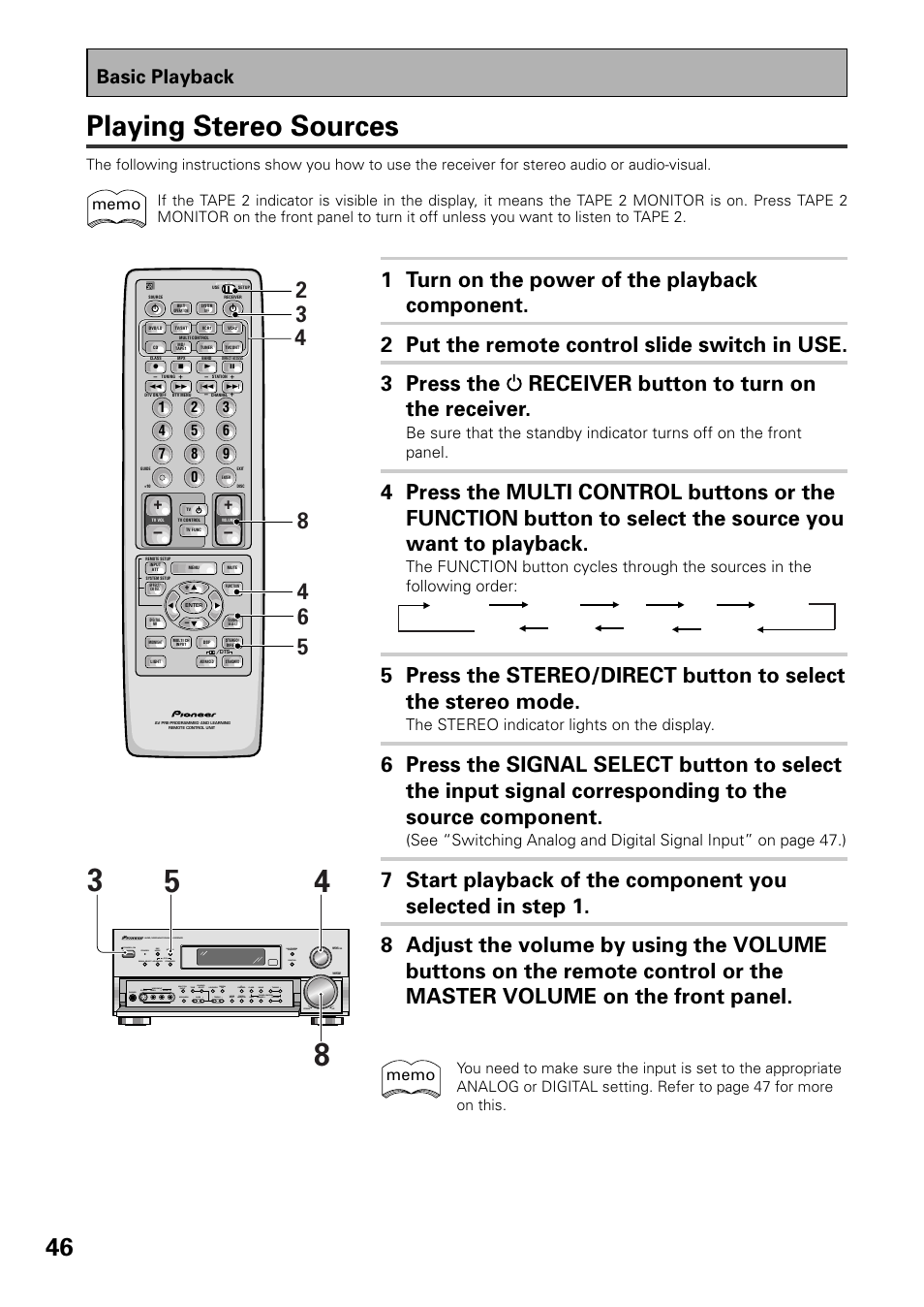 Playing stereo sources, Basic playback, The stereo indicator lights on the display | Pioneer VSX-D909S User Manual | Page 46 / 92