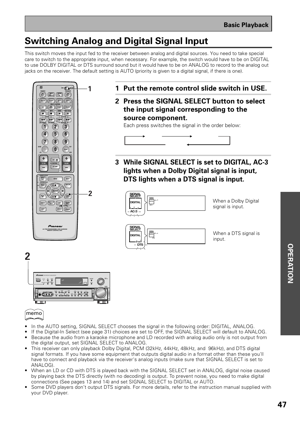 Switching analog and digital signal input, Opera tion, Basic playback | Each press switches the signal in the order below, Stereo/ direct advanced standard /dts | Pioneer VSX-D909S User Manual | Page 47 / 92