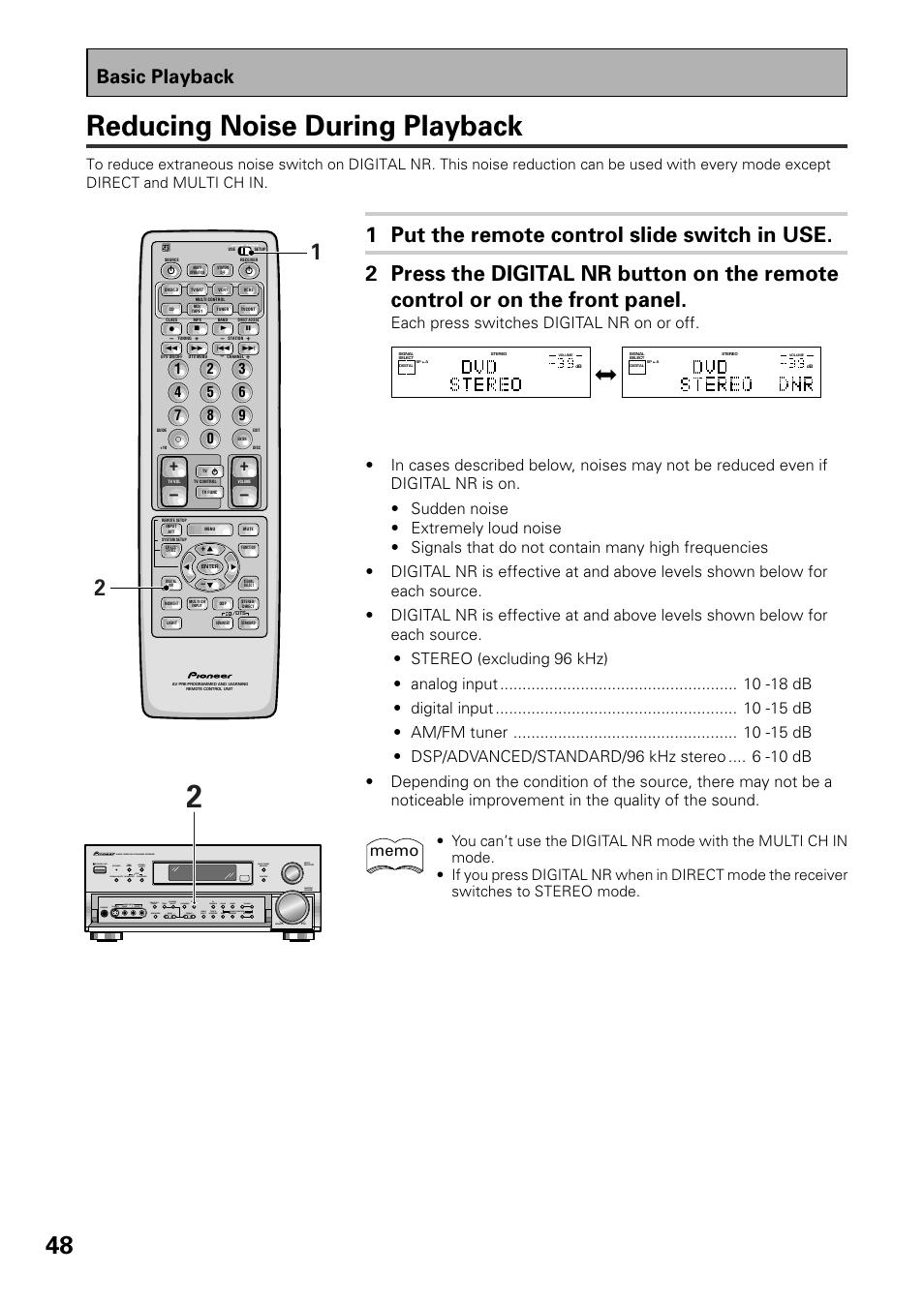 Reducing noise during playback, Basic playback, Each press switches digital nr on or off | Stereo/ direct | Pioneer VSX-D909S User Manual | Page 48 / 92