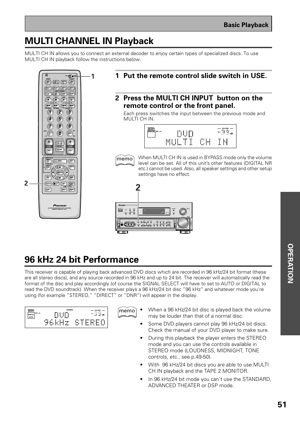 Multi channel in playback 96khz 24bit performance, Multi channel in playback, 96 khz 24 bit performance | Opera tion, Basic playback, Stereo/ direct advanced standard /dts | Pioneer VSX-D909S User Manual | Page 51 / 92