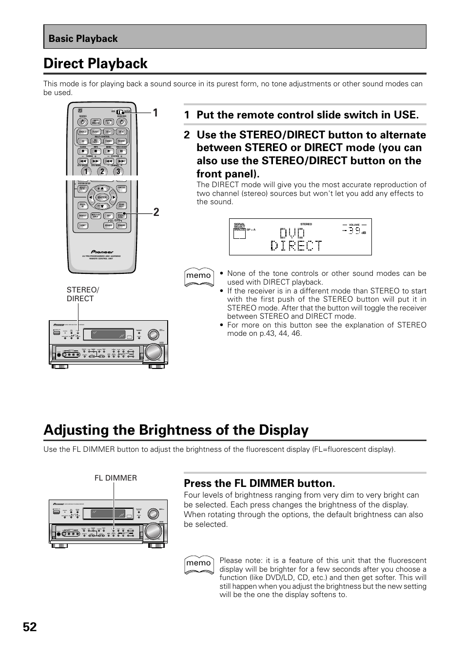 Adjusting the brightness of the display, Direct playback, Press the fl dimmer button | Basic playback, Fl dimmer, Stereo/ direct | Pioneer VSX-D909S User Manual | Page 52 / 92