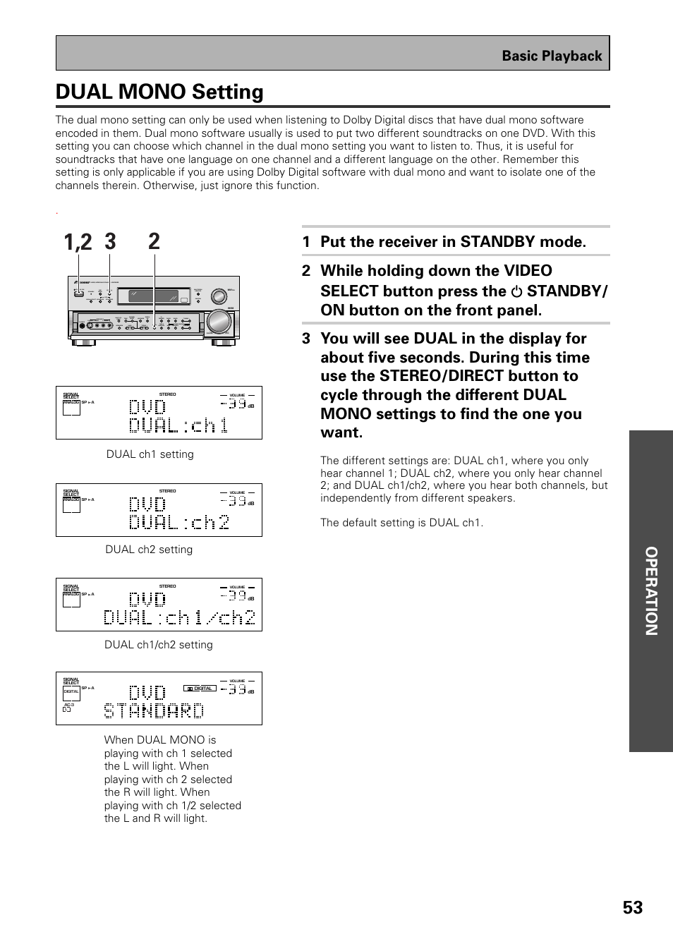 Dual mono setting, Opera tion, Basic playback | Pioneer VSX-D909S User Manual | Page 53 / 92