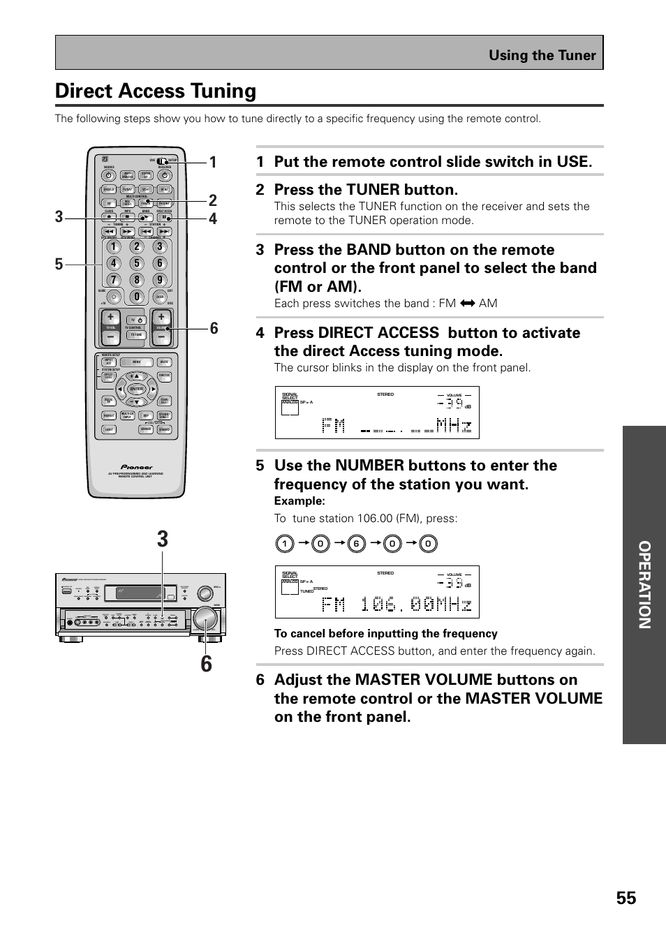 Direct access tuning, Opera tion, Using the tuner | Each press switches the band : fm j am | Pioneer VSX-D909S User Manual | Page 55 / 92