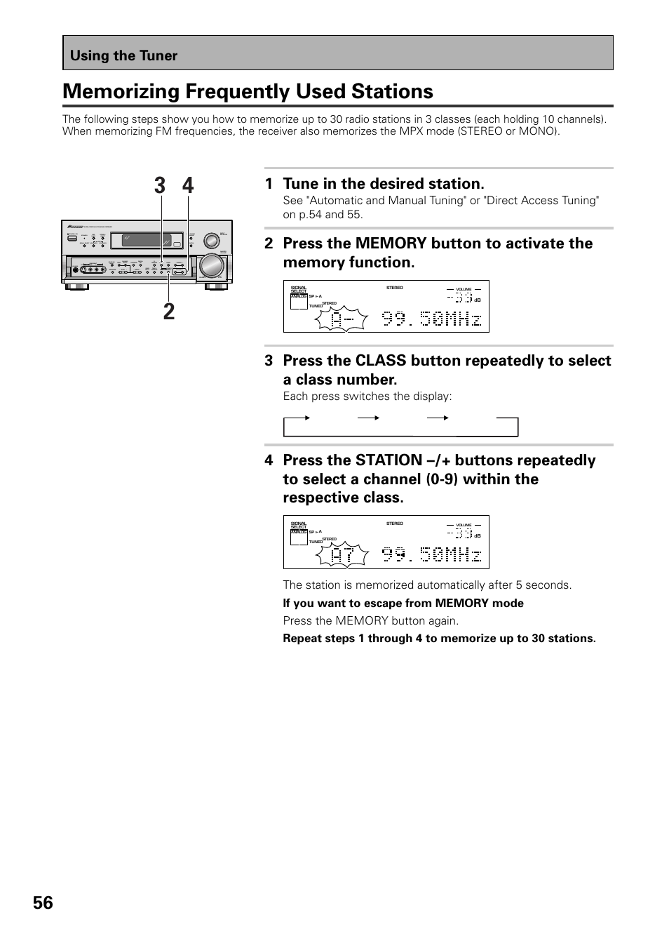 Memorizing frequently used stations, 1 tune in the desired station, Using the tuner | Pioneer VSX-D909S User Manual | Page 56 / 92