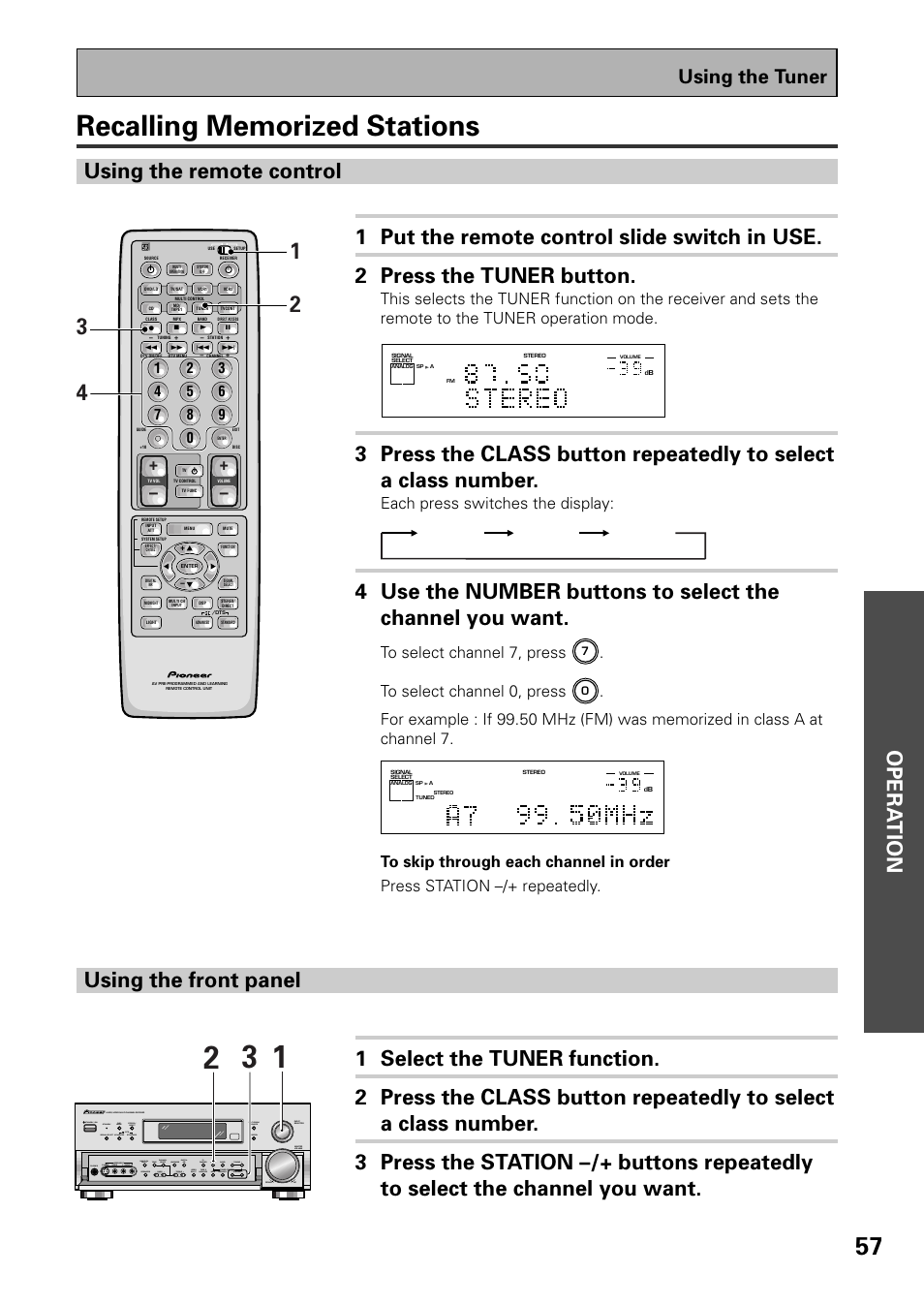 Recalling memorized stations, Opera tion, Using the tuner | Each press switches the display | Pioneer VSX-D909S User Manual | Page 57 / 92
