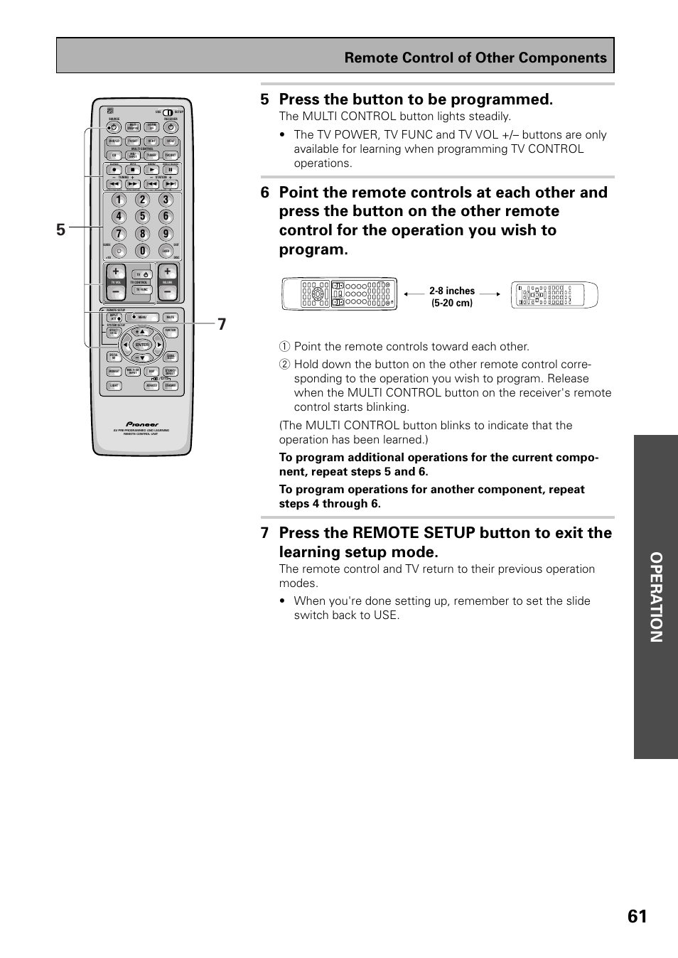 Opera tion, 5 press the button to be programmed, Remote control of other components | 8 inches (5-20 cm) | Pioneer VSX-D909S User Manual | Page 61 / 92