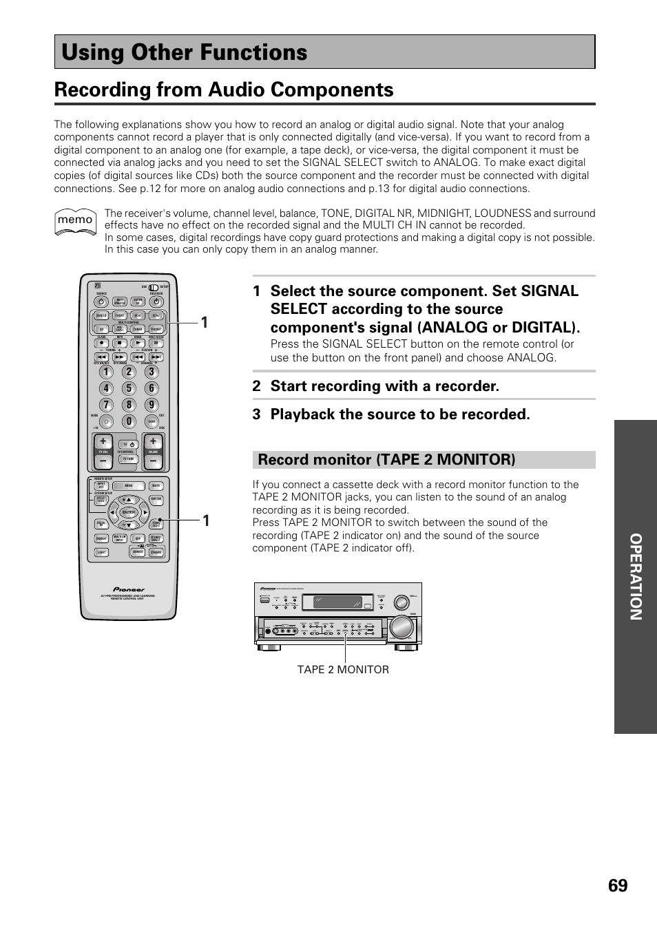 Using other functions, Recording from audio components, Opera tion | Tape 2 monitor, Stereo/ direct advanced standard /dts down up | Pioneer VSX-D909S User Manual | Page 69 / 92
