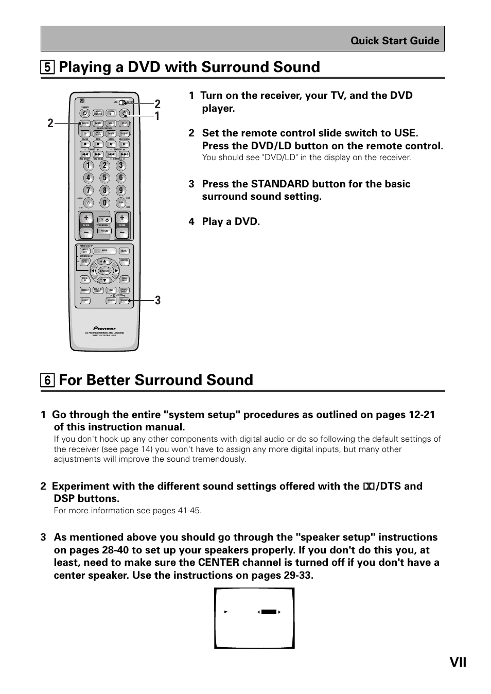 55 playing a dvd with surround sound, 66 for better surround sound, Quick start guide | For more information see pages 41-45 | Pioneer VSX-D909S User Manual | Page 7 / 92