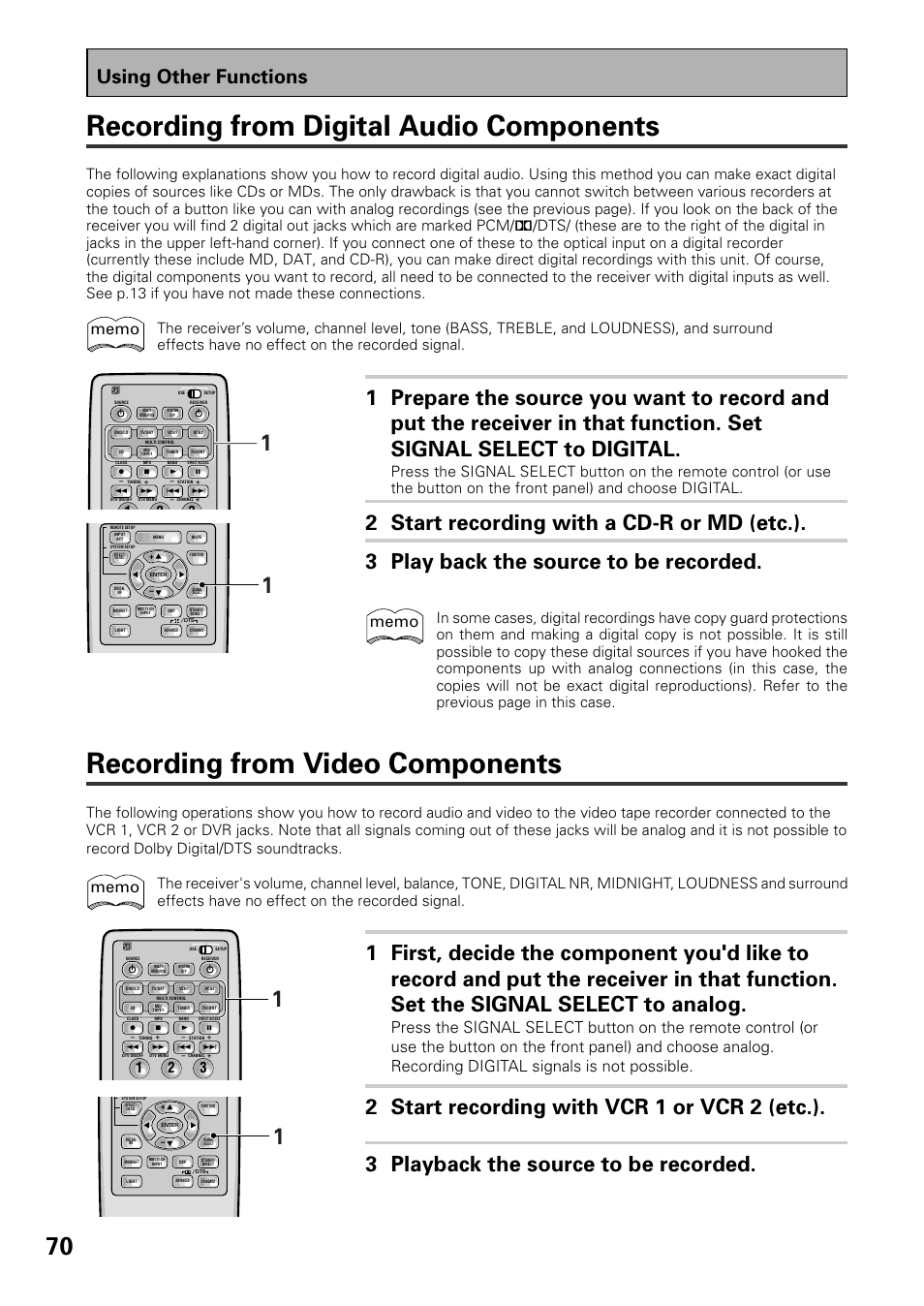 Recording from video components, Recording from digital audio components, Using other functions | Pioneer VSX-D909S User Manual | Page 70 / 92