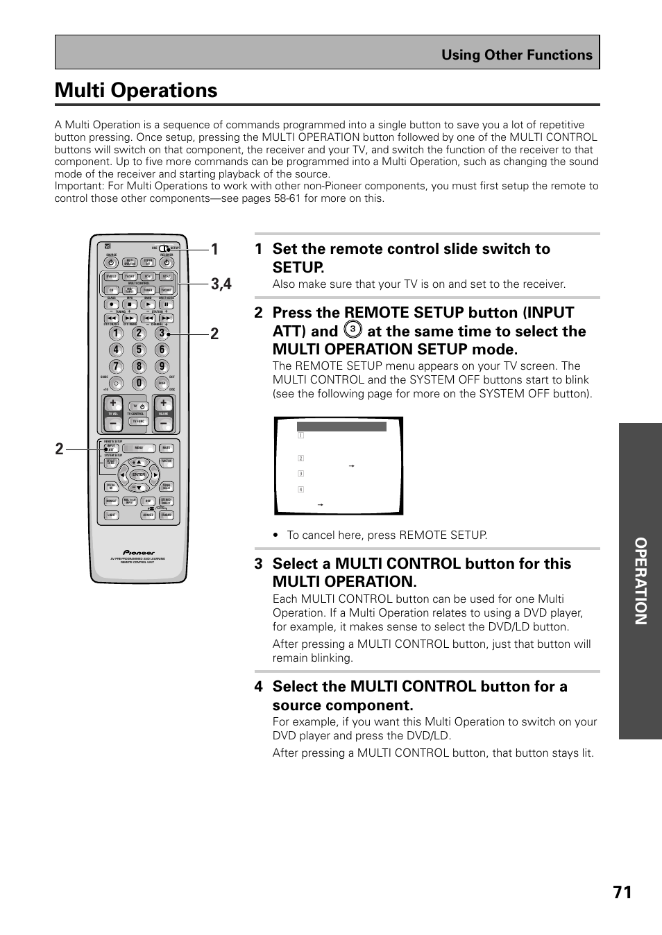 Multi operations, Opera tion, 1 set the remote control slide switch to setup | 2 press the remote setup button (input att) and, Using other functions | Pioneer VSX-D909S User Manual | Page 71 / 92