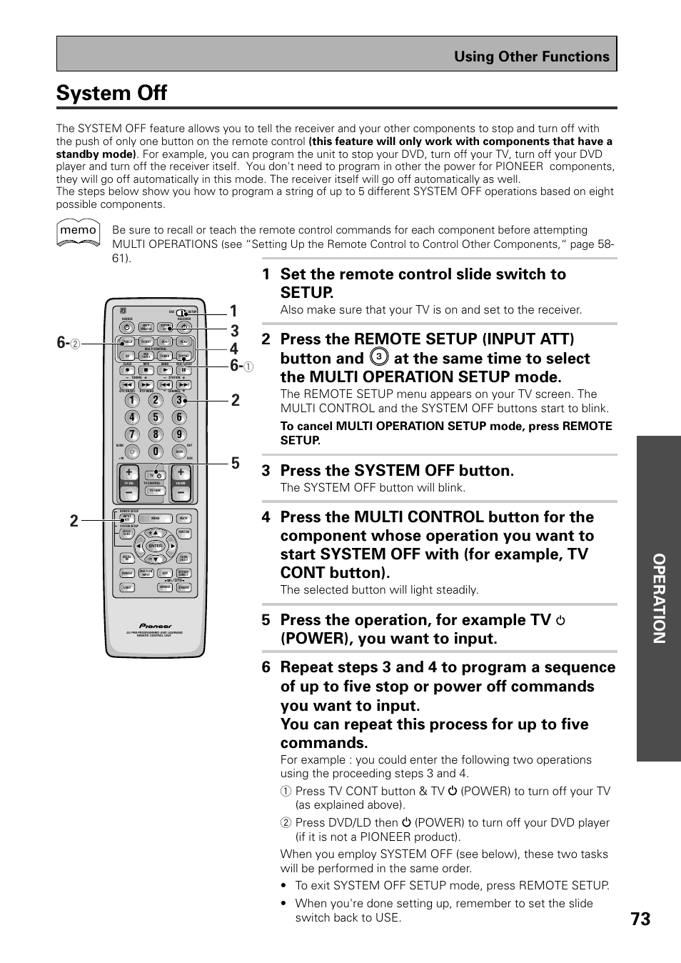 System off, Opera tion, 1 set the remote control slide switch to setup | 2 press the remote setup (input att) button and, 3 press the system off button, Using other functions, The system off button will blink, The selected button will light steadily | Pioneer VSX-D909S User Manual | Page 73 / 92