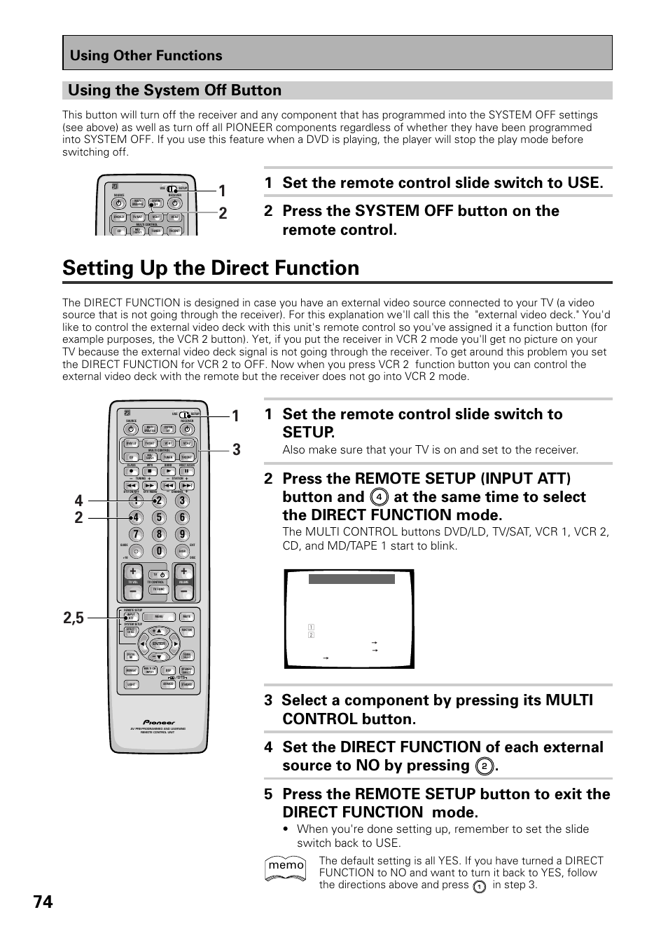 Setting up the direct function, 1 set the remote control slide switch to setup, 2 press the remote setup (input att) button and | Using the system off button, Using other functions | Pioneer VSX-D909S User Manual | Page 74 / 92