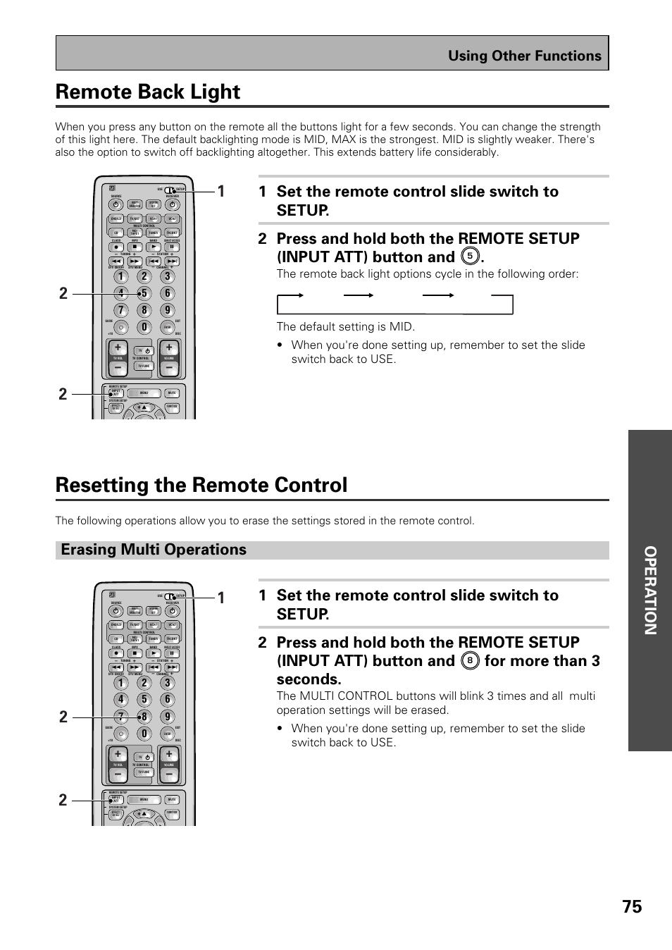 Remote back light resetting the remote control, Remote back light, Resetting the remote control | Opera tion, For more than 3 seconds, Using other functions, Mid max off | Pioneer VSX-D909S User Manual | Page 75 / 92