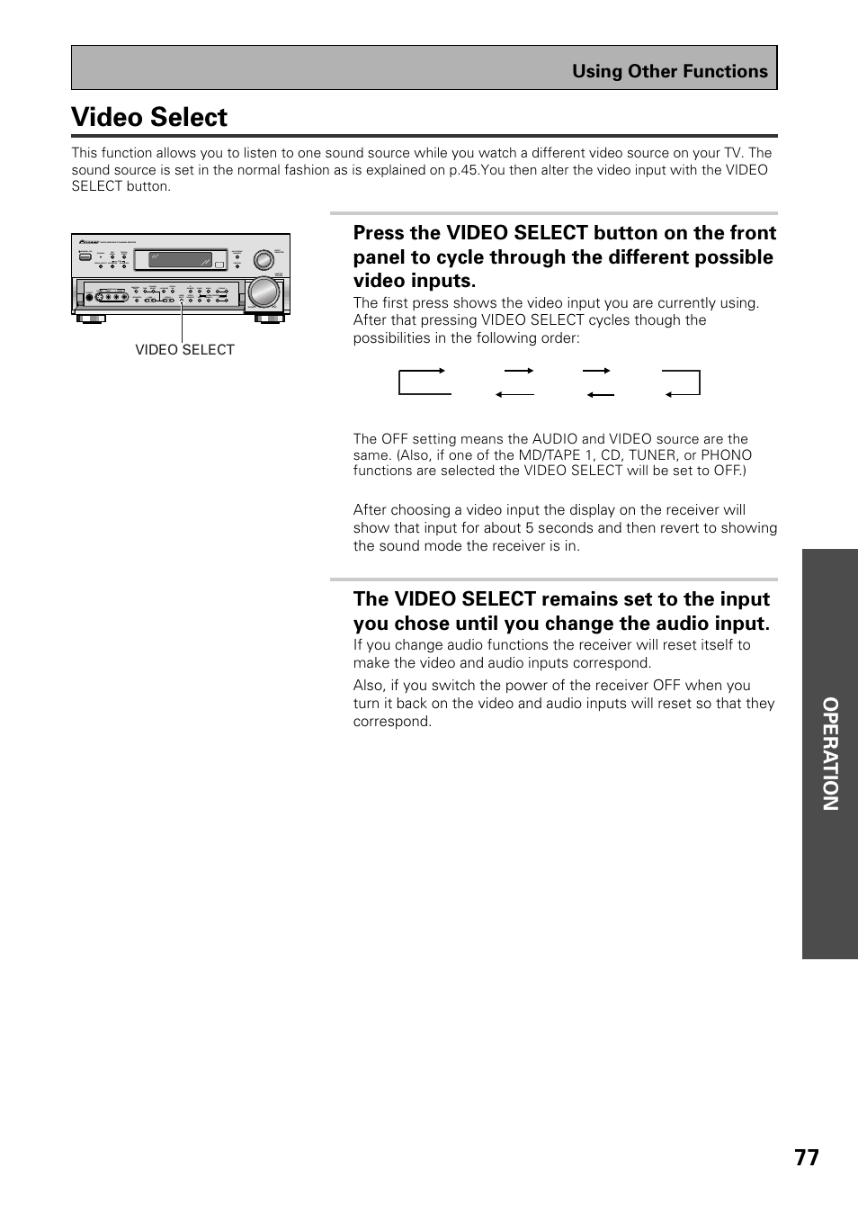 Video select, Opera tion, Using other functions | Pioneer VSX-D909S User Manual | Page 77 / 92