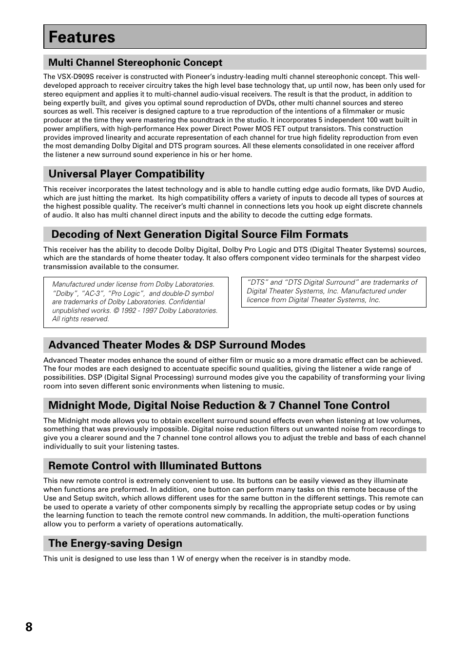 Features | Pioneer VSX-D909S User Manual | Page 8 / 92