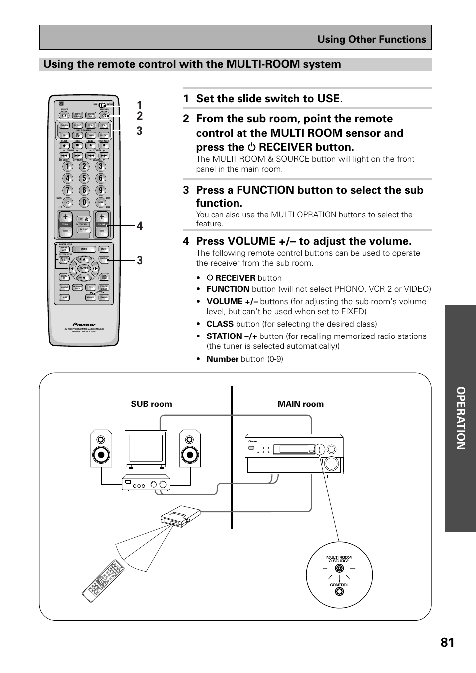 Opera tion, 4 press volume +/– to adjust the volume, Using other functions | Sub room main room | Pioneer VSX-D909S User Manual | Page 81 / 92