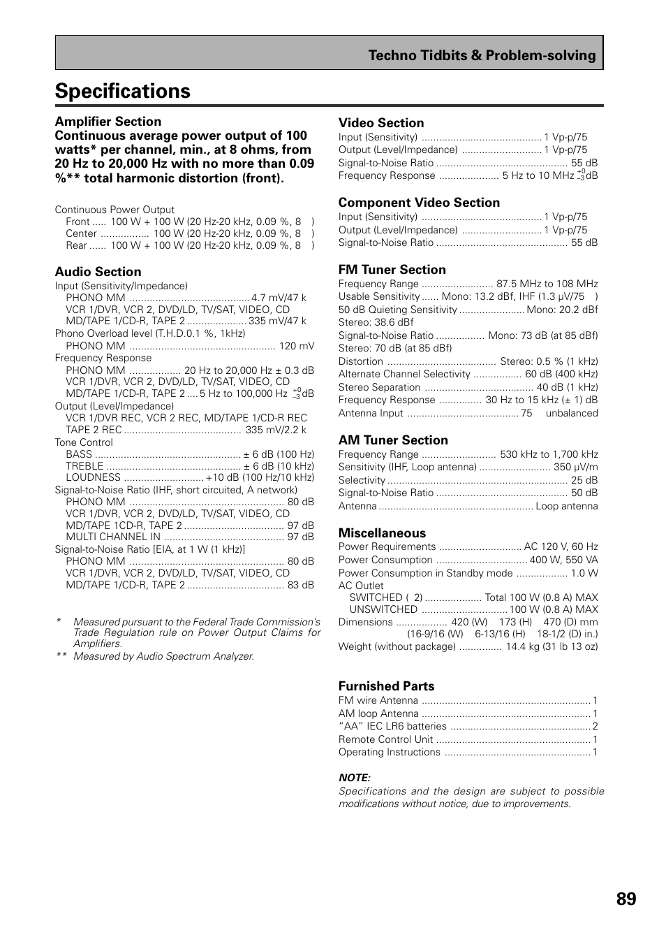 Specifications, Techno tidbits & problem-solving | Pioneer VSX-D909S User Manual | Page 89 / 92