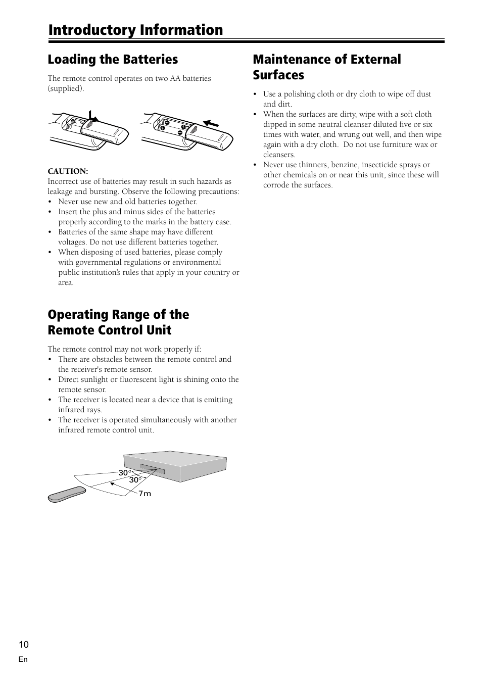 Loading the batteries 10, Operating range of remote control unit 10, Maintenance of external surfaces 10 | Introductory information, Operating range of the remote control unit, Loading the batteries, Maintenance of external surfaces | Pioneer VSX-C300 User Manual | Page 10 / 56