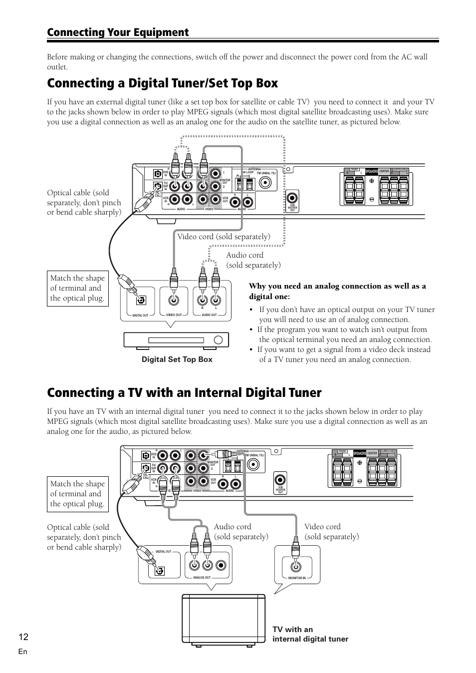 Connecting a digital tuner/set top box 12, Connecting a tv with an internal digital tuner 12, Connecting a digital tuner/set top box | Connecting a tv with an internal digital tuner, Connecting your equipment, Digital set top box, Tv with an internal digital tuner | Pioneer VSX-C300 User Manual | Page 12 / 56