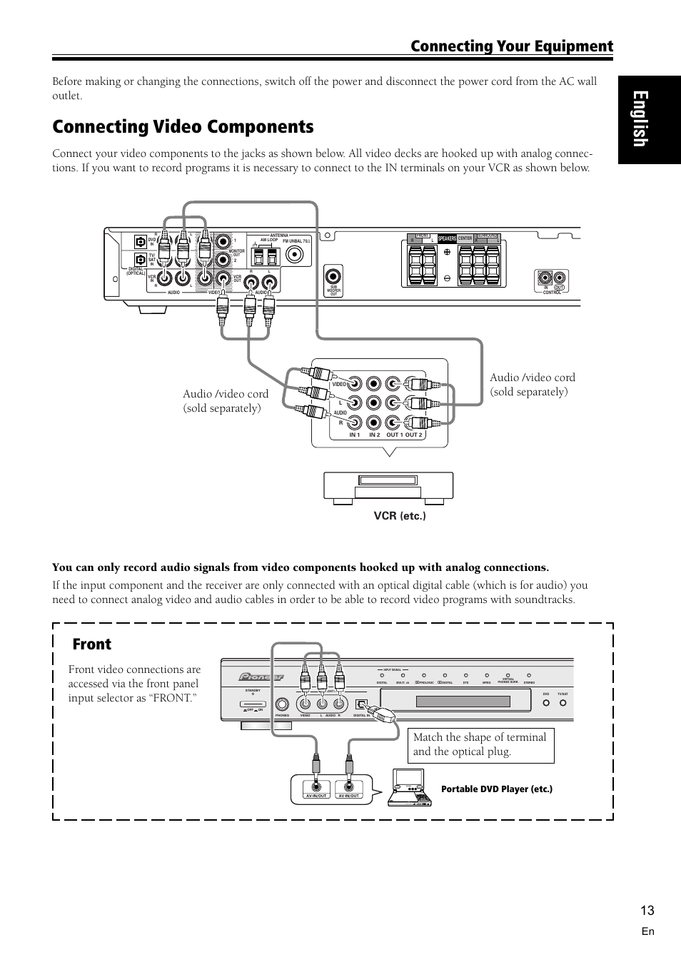 Connecting video components 13, English, Connecting video components | Connecting your equipment front, Audio /video cord (sold separately), Vcr (etc.), Portable dvd player (etc.) | Pioneer VSX-C300 User Manual | Page 13 / 56