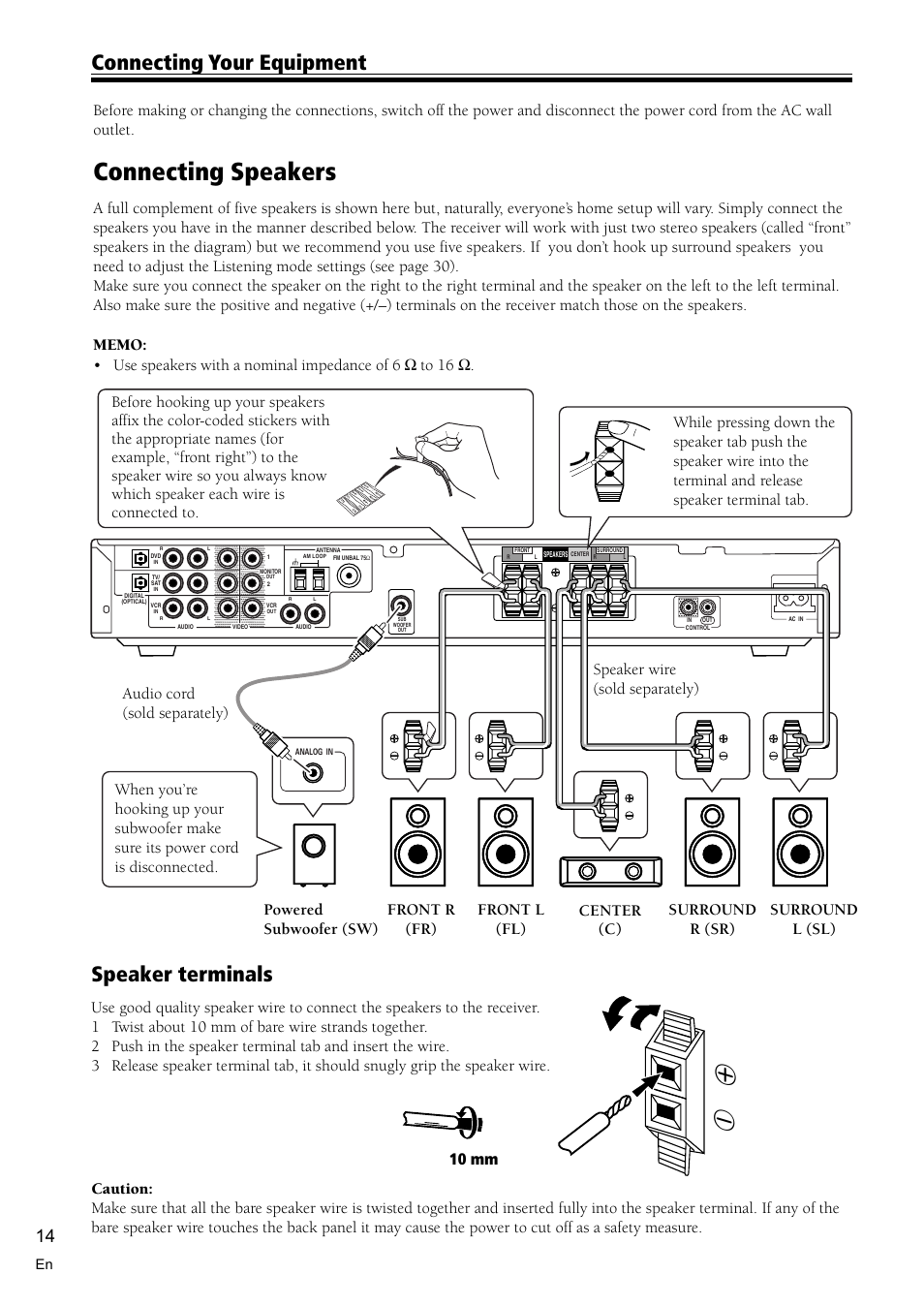 Connecting speakers 14, Connecting speakers, Speaker terminals | Connecting your equipment | Pioneer VSX-C300 User Manual | Page 14 / 56