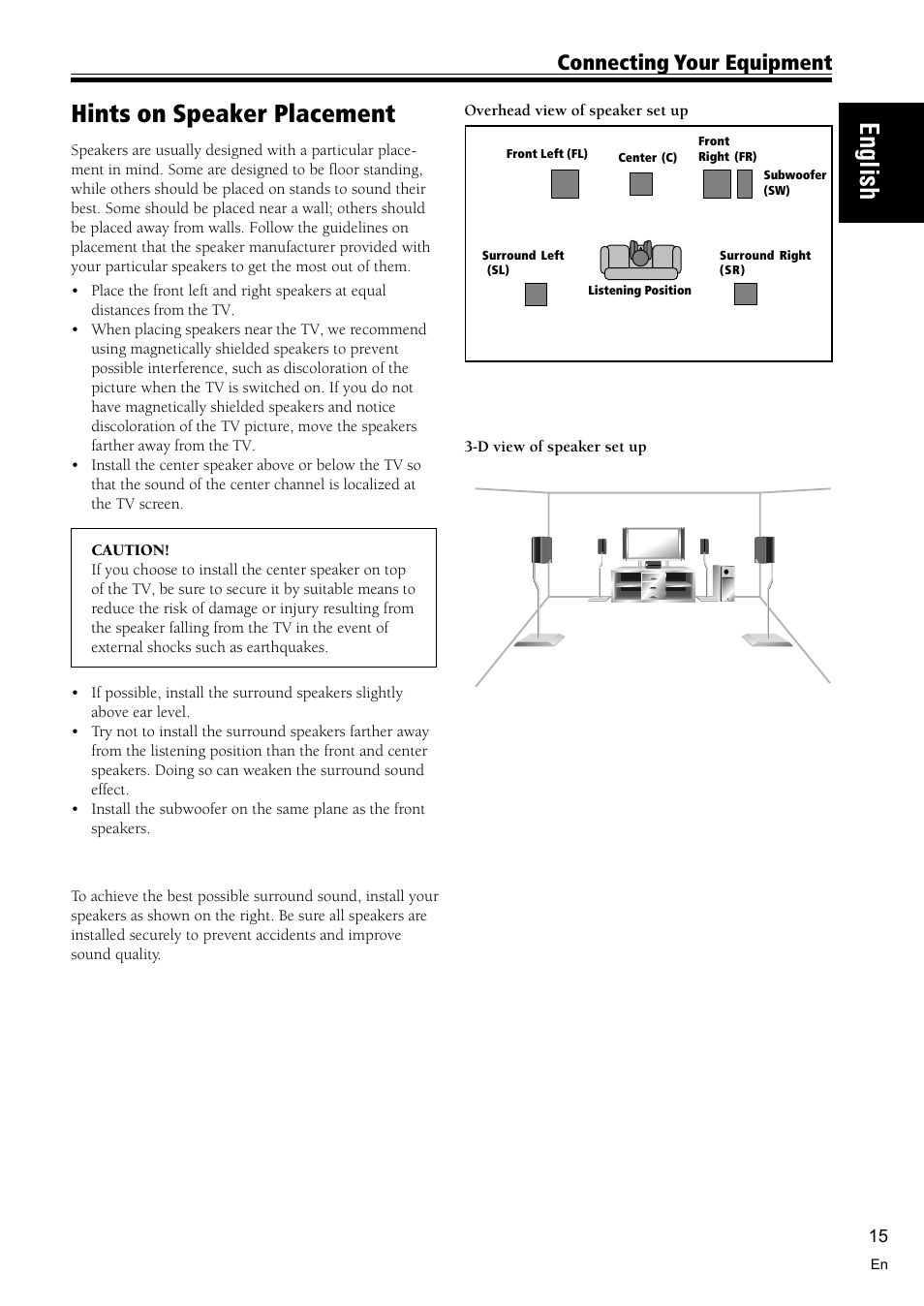 Hints on speaker placement 15, English, Hints on speaker placement | Connecting your equipment | Pioneer VSX-C300 User Manual | Page 15 / 56
