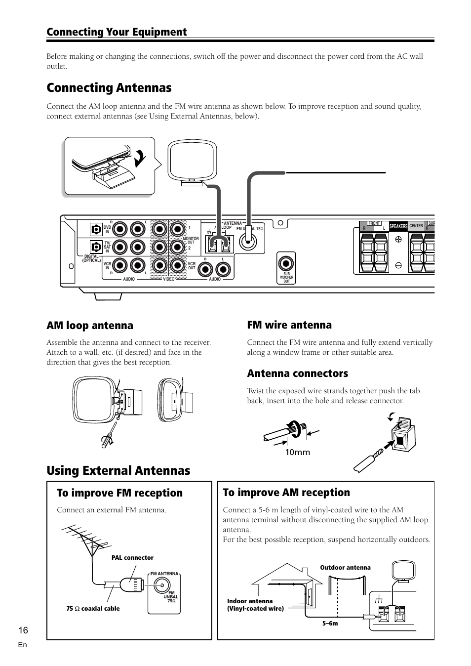 Connecting antennas 16, Using external antennas 16, Using external antennas | Connecting antennas, Connecting your equipment fm wire antenna, Am loop antenna, Antenna connectors, 10mm, Connect an external fm antenna | Pioneer VSX-C300 User Manual | Page 16 / 56