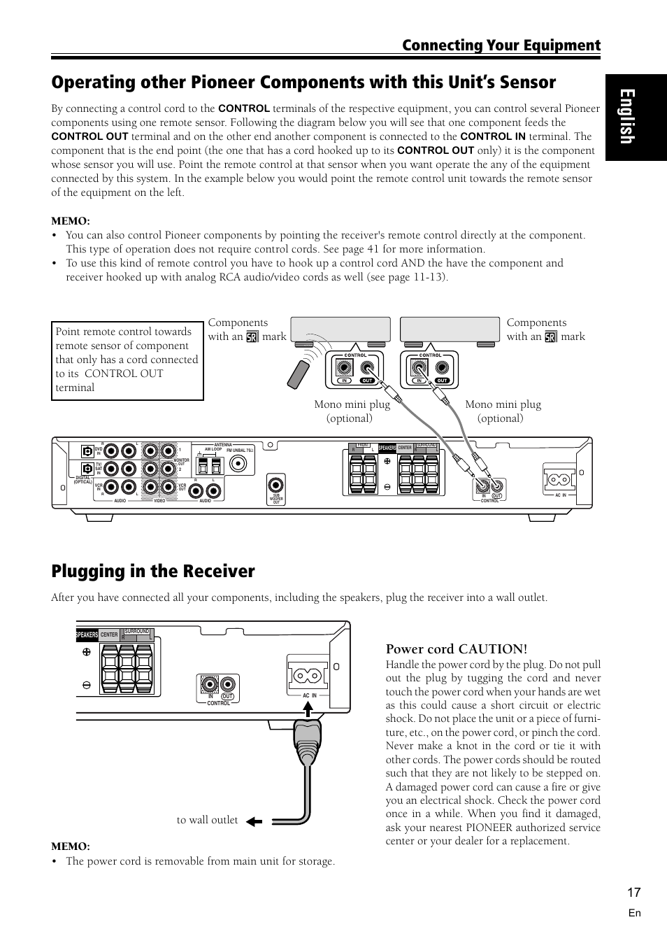 Plugging in the receiver 17, English, Plugging in the receiver | Connecting your equipment, Power cord caution, By connecting a control cord to the, Control, Control out, Control in | Pioneer VSX-C300 User Manual | Page 17 / 56