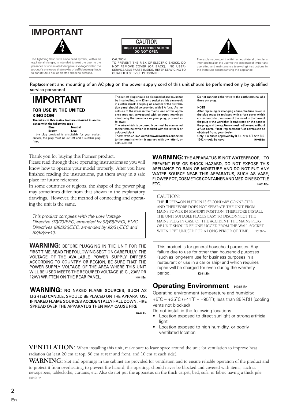 Important 1, Operating environment, Ventilation | Warning, Caution | Pioneer VSX-C300 User Manual | Page 2 / 56