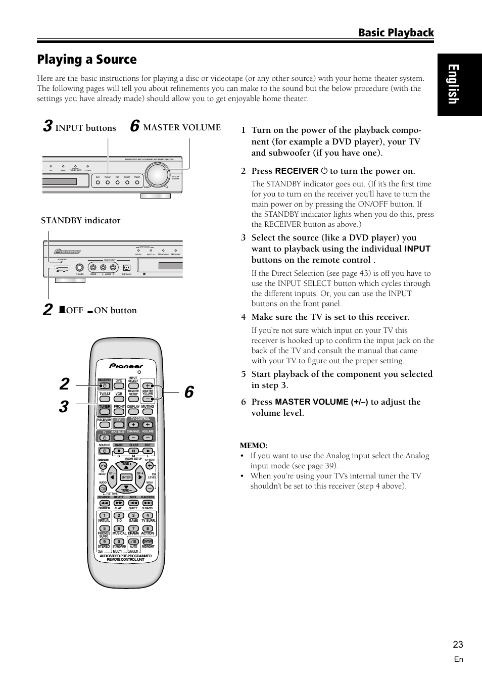 Playing a source 23, English, Playing a source | Basic playback, Buttons on the remote control, 4 make sure the tv is set to this receiver, Standby indicator — off _ on button, Master volume input buttons, Receiver, Input | Pioneer VSX-C300 User Manual | Page 23 / 56