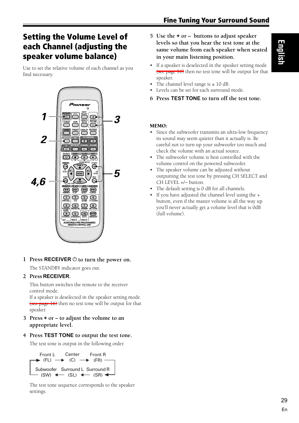 Setting the volume level of each channel 29, English, Fine tuning your surround sound | 1 press, 2 press, 3 press, 5 use the, 6 press, Receiver, The standby indicator goes out | Pioneer VSX-C300 User Manual | Page 29 / 56