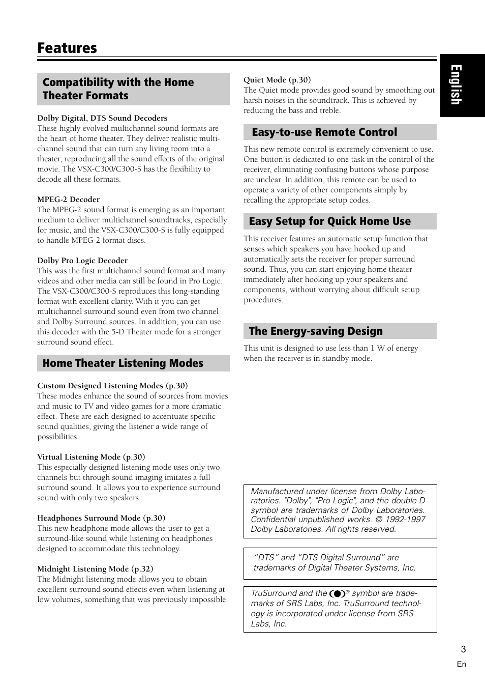 Features, English, Compatibility with the home theater formats | Home theater listening modes, Easy-to-use remote control, Easy setup for quick home use, The energy-saving design | Pioneer VSX-C300 User Manual | Page 3 / 56