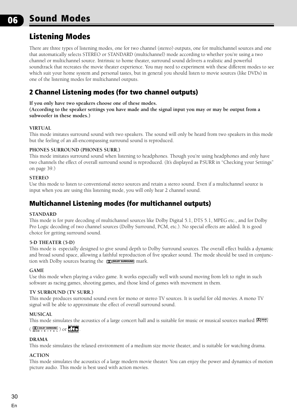 Listening modes 30, Sound modes, Listening modes | Pioneer VSX-C300 User Manual | Page 30 / 56