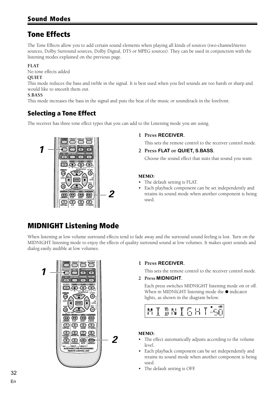 Tone effects 32, Midnight listening mode 32, Midnight listening mode | Tone effects, Sound modes, Selecting a tone effect, 1 press, 2 press, Receiver, Flat | Pioneer VSX-C300 User Manual | Page 32 / 56