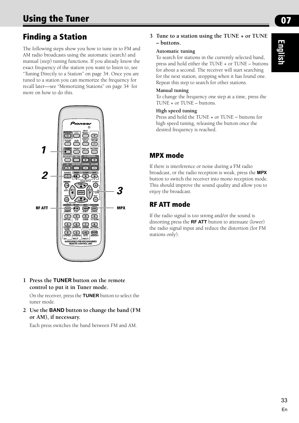 Using the tuner 33, Finding a station 33, 07 using the tuner | English, Finding a station, Mpx mode, Rf att mode, 1 press the, 2 use the, Button to change the band (fm or am), if necessary | Pioneer VSX-C300 User Manual | Page 33 / 56