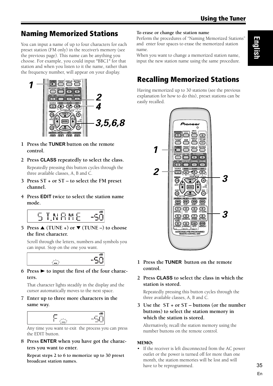 Naming memorized stations 35, Recalling memorized stations 35, English | Using the tuner, 1 press the, Button on the remote control. 2 press, Repeatedly to select the class, Twice to select the station name mode, 8 press, Tuner | Pioneer VSX-C300 User Manual | Page 35 / 56