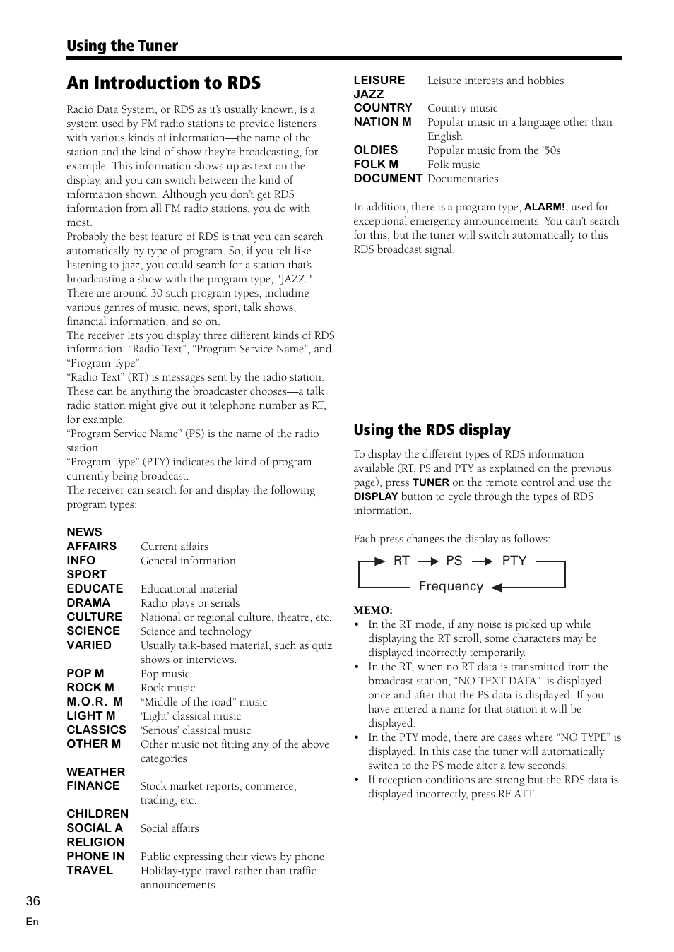 An introduction to rds 36, An introduction to rds, Using the tuner | Using the rds display | Pioneer VSX-C300 User Manual | Page 36 / 56