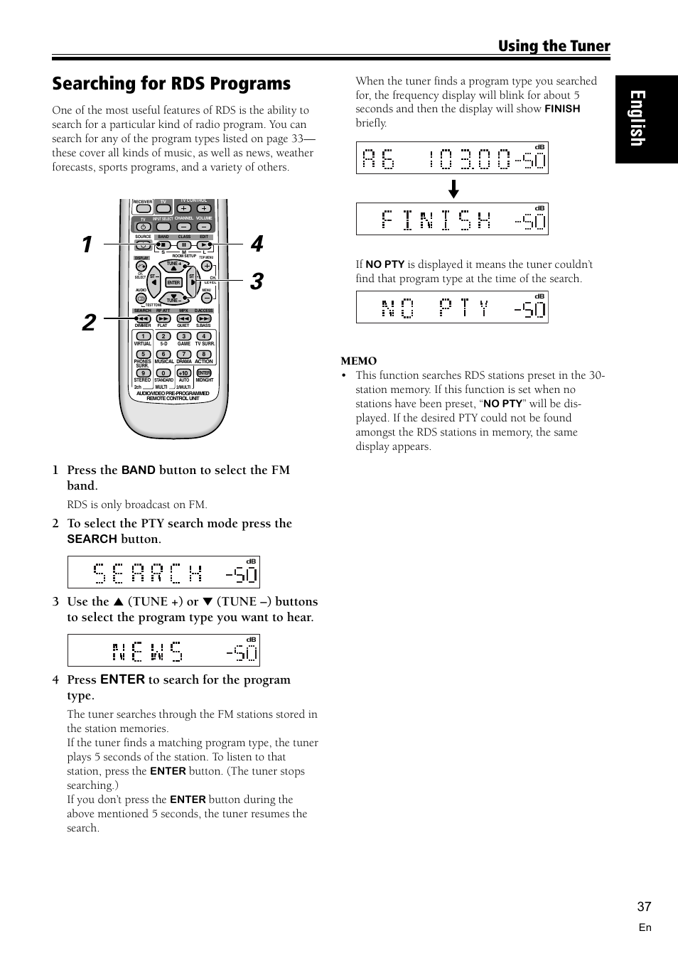 Searching for rds programs 37, English, Searching for rds programs | Using the tuner, 1 press the, Button to select the fm band, 2 to select the pty search mode press the, Button, 4 press enter to search for the program type, Briefly | Pioneer VSX-C300 User Manual | Page 37 / 56