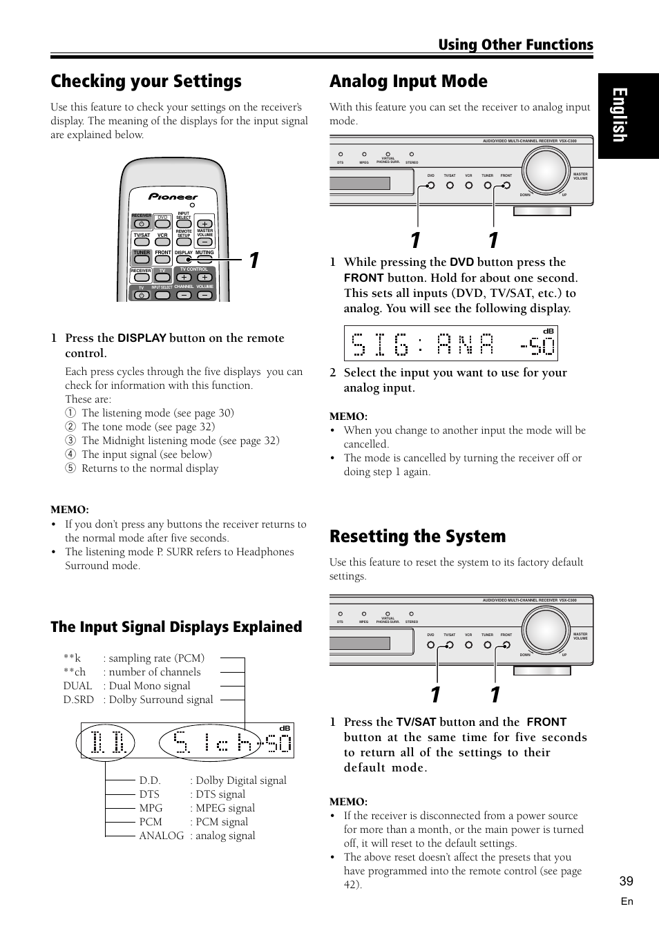 Checking your settings 39, Analog input mode 39, Resetting the system 39 | English, Resetting the system, Analog input mode, Checking your settings, Using other functions, The input signal displays explained, 1 press the | Pioneer VSX-C300 User Manual | Page 39 / 56