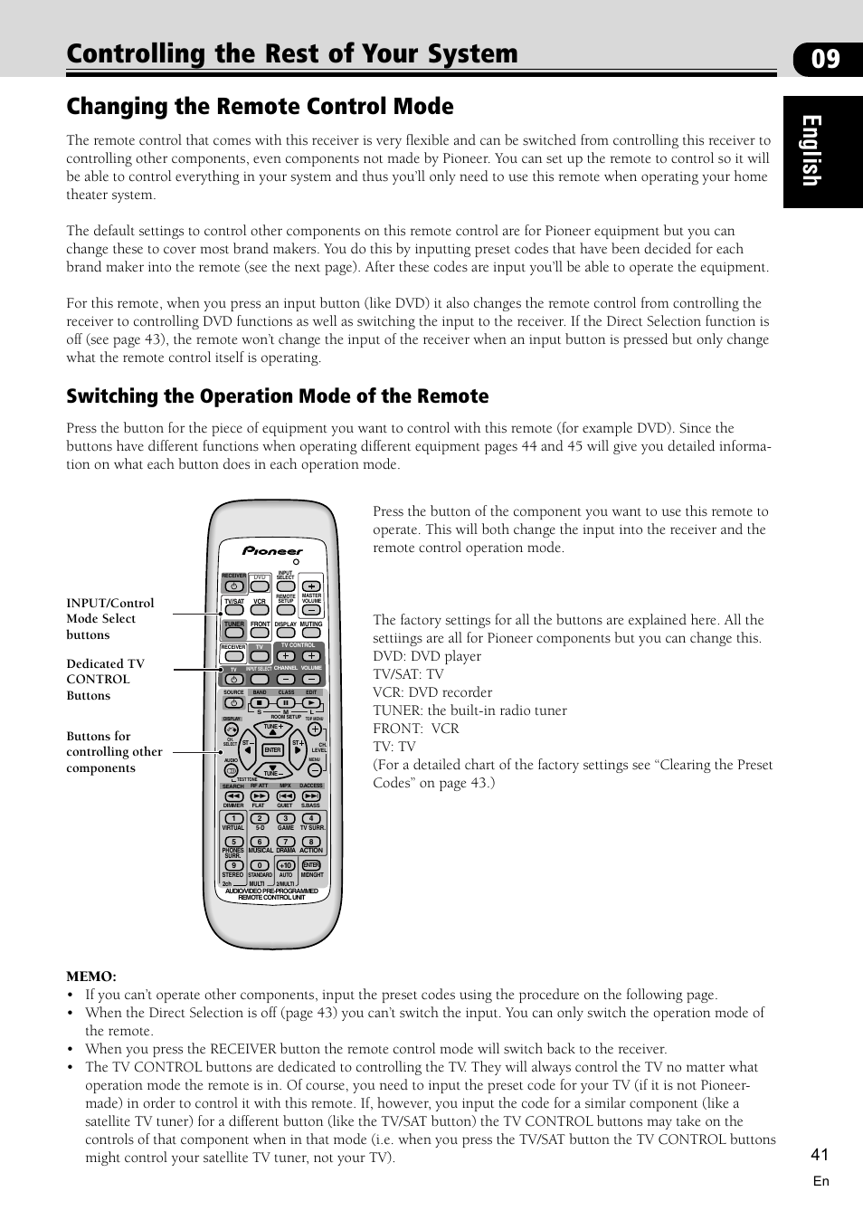 Controlling the rest of your system 41, Changing the remote control mode 41, 09 controlling the rest of your system | English, Changing the remote control mode, Switching the operation mode of the remote | Pioneer VSX-C300 User Manual | Page 41 / 56