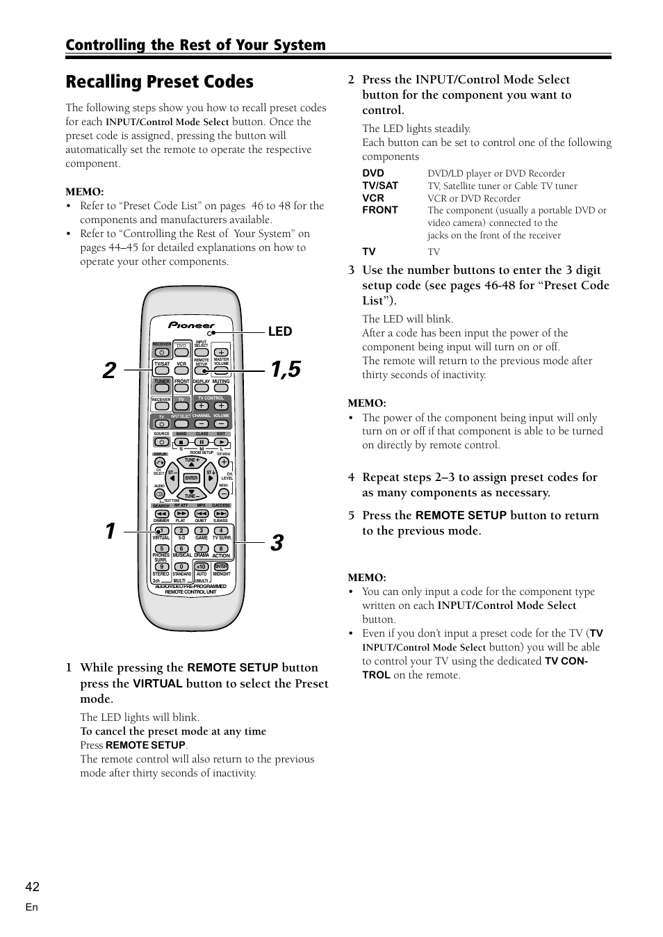 Recalling preset codes 42, Recalling preset codes, Controlling the rest of your system | Led 1 while pressing the, Button press the, Button to select the preset mode, Button to return to the previous mode, Remote setup, Virtual, On the remote | Pioneer VSX-C300 User Manual | Page 42 / 56