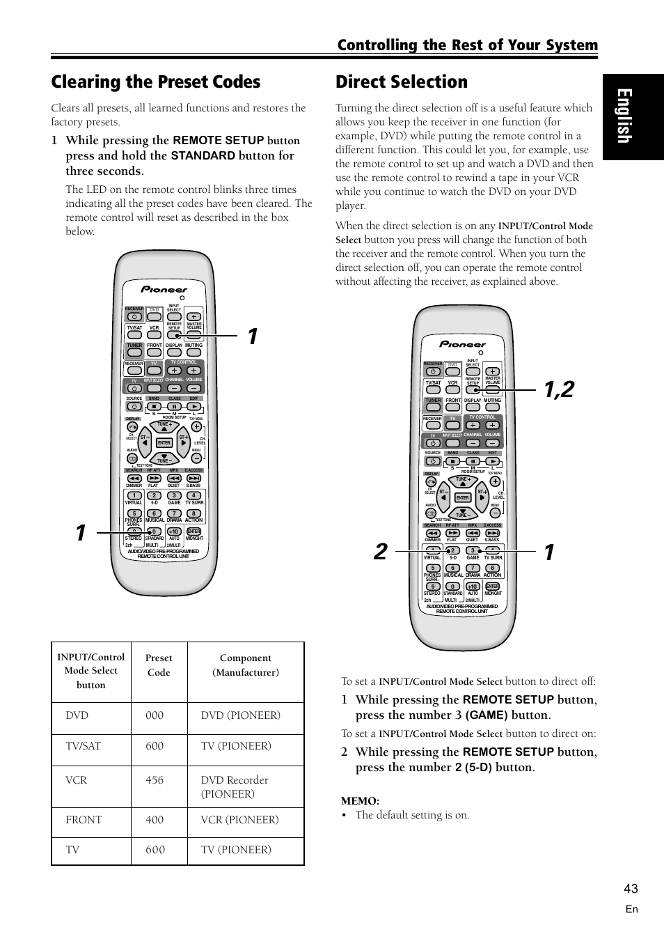 Clearing the preset codes 43, Direct selection 43, English | Direct selection, Clearing the preset codes, Controlling the rest of your system, 1 while pressing the, Button, press the number 3, Button, 2 while pressing the | Pioneer VSX-C300 User Manual | Page 43 / 56