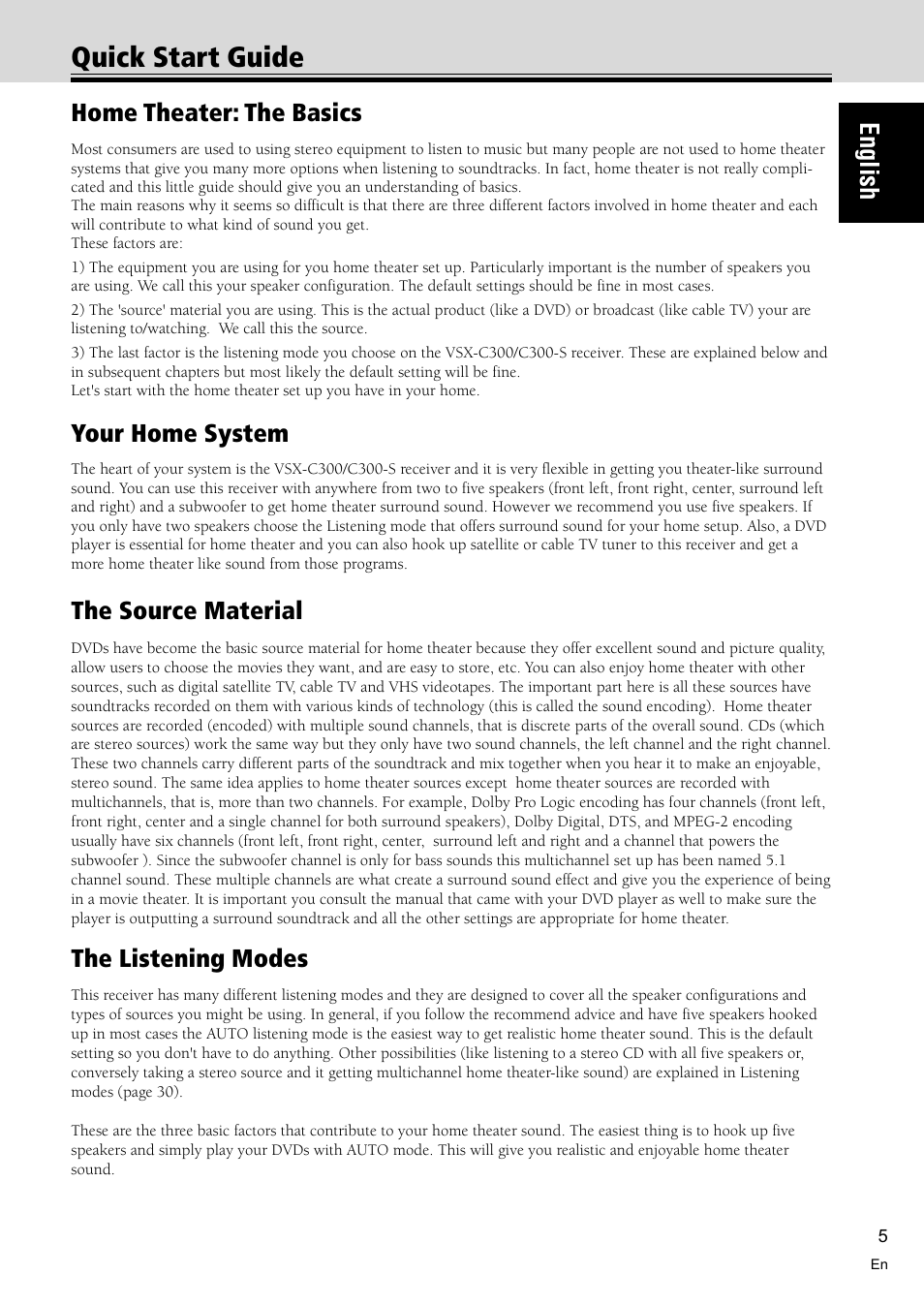 Quick start guide 5, Quick start guide, English | Home theater: the basics, Your home system, The source material, The listening modes | Pioneer VSX-C300 User Manual | Page 5 / 56