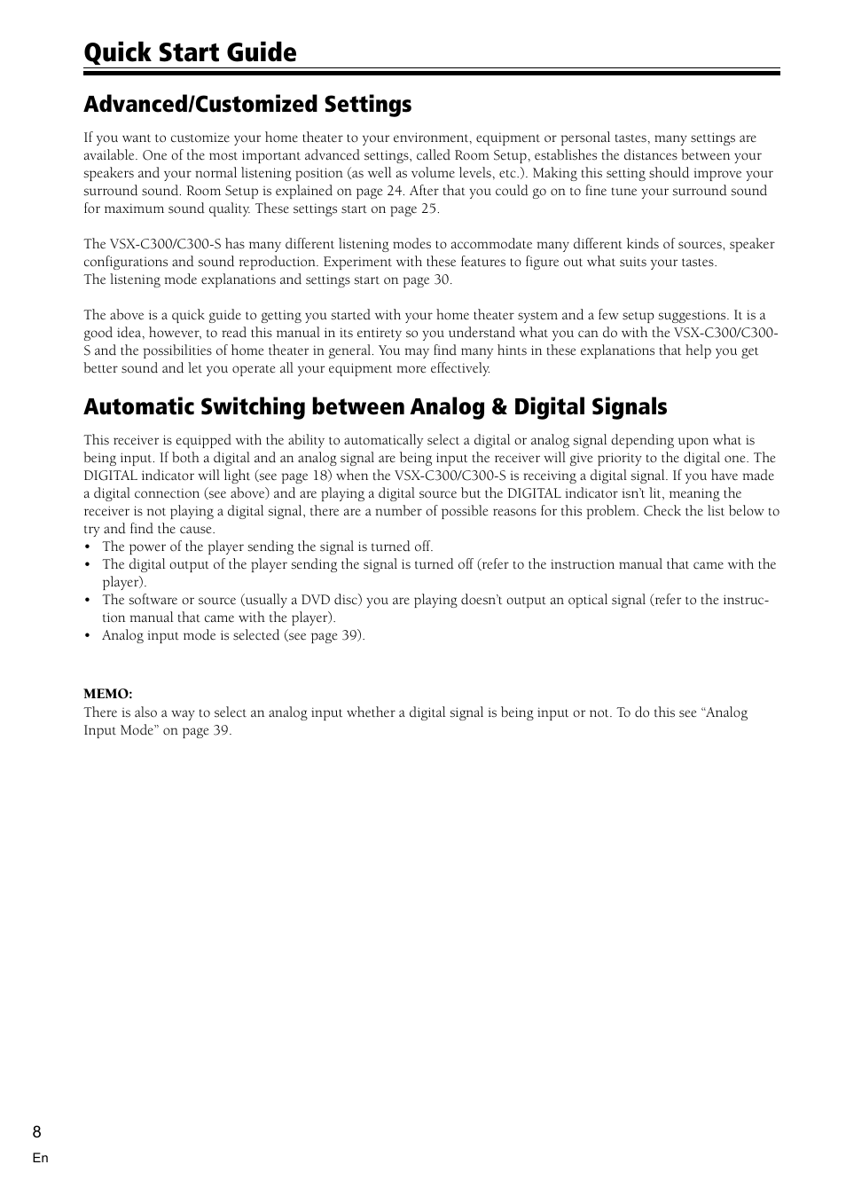 Quick start guide, Advanced/customized settings | Pioneer VSX-C300 User Manual | Page 8 / 56