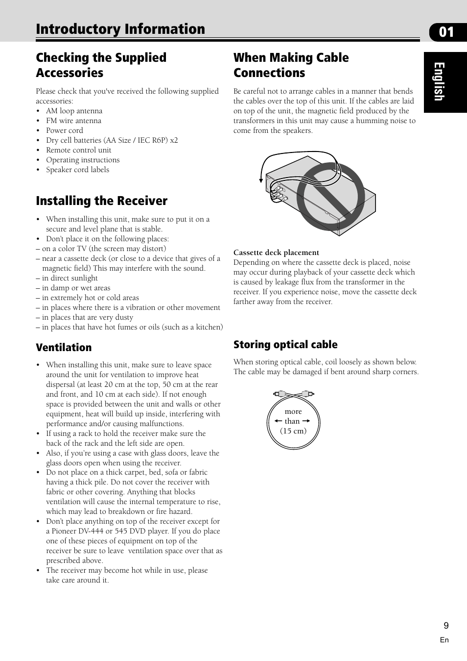 Introductory information 9, Checking the supplied accessories 9, Installing the receiver 9 | When making cable connections 9, 01 introductory information, English, When making cable connections, Checking the supplied accessories, Installing the receiver, Ventilation | Pioneer VSX-C300 User Manual | Page 9 / 56