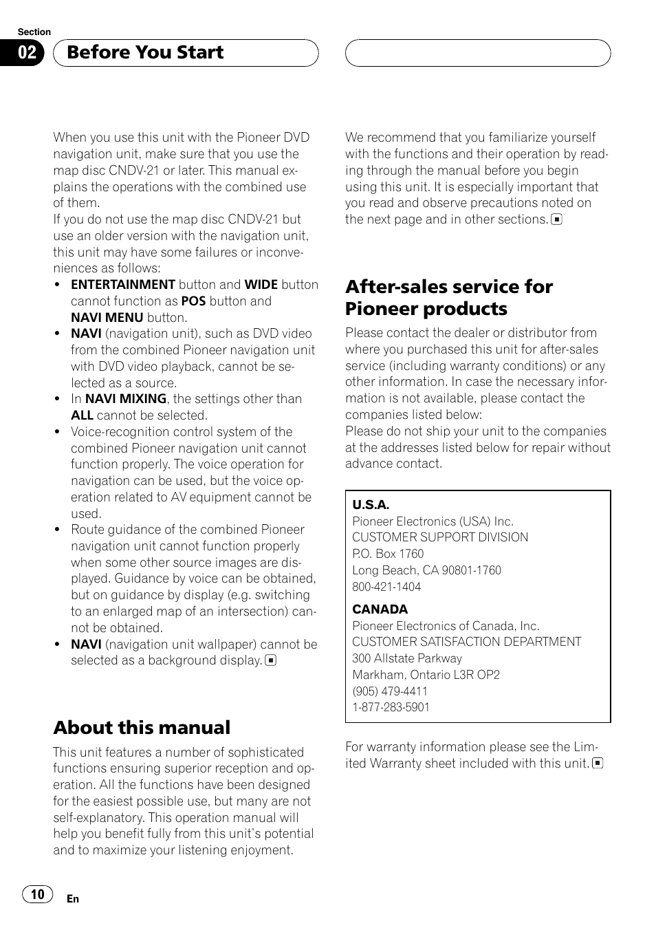 About this manual, After-sales service for pioneer products, Before you start | Pioneer AVH-P6600DVD User Manual | Page 10 / 114