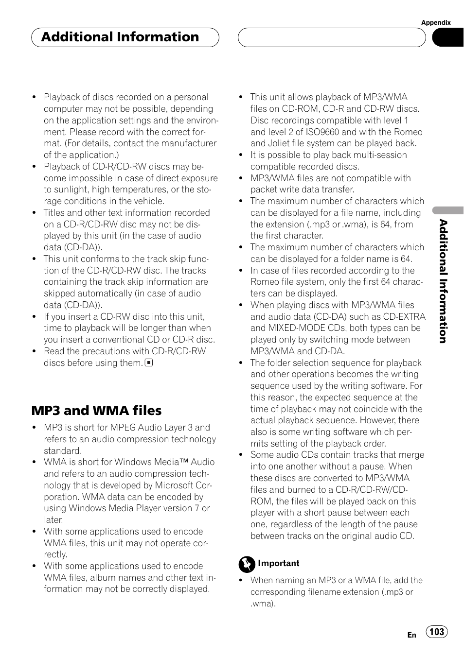 Mp3 and wma files 103, Mp3 and wma files, Additionalinformation | Pioneer AVH-P6600DVD User Manual | Page 103 / 114